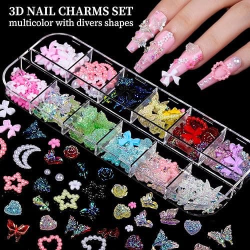 FANDAMEI Nail Charms, Nail Rhinestones Kit with 8 Boxes of Nail Gems, 3D Charms for Nails, Colorful Clear Flatback Rhinestones, Multi Shape Pearls Jewels Crystals for Craft thumbnail 2
