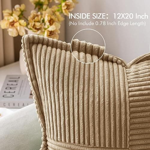 MIULEE Boho Decorative Pillow Covers for Couch Bed Sofa Farmhouse Home Decor 12x20 inch Set of 2 Khaki Throw Pillow Broadside Soft Corduroy Pillowcase with Splicing Cushion Livingroom - 20" x 12" (Pack of 2) - Khaki thumbnail 2
