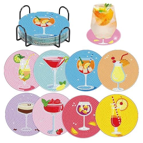 8 PCS Cocktail Diamond Art Coasters Kits, Diamond Painting Coasters with Holder Set of 8, DIY Drink Coasters Art Crafts Supplies for Adults Cup Mat for Home Decor House Warming Gifts Non-Slip 3.9inch - Image 1