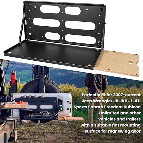 E-cowlboy Drop Down Tailgate Table for 2007-2024 Jeep Wrangler JK JKU JL JLU Unlimited Sports Freedom Sahara Rubicon Rear Door Foldable Table Cargo Shelf Storage Cargo Luggage Holder Carrier thumbnail 2
