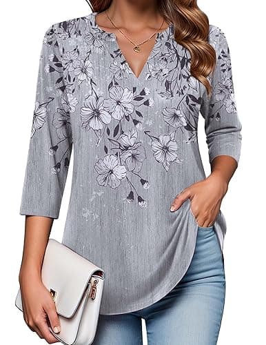Zeagoo Womens 3/4 Length Sleeve Tops V Neck Tunic Casual Dressy Blouse Floral Printed Shirts - Image 1