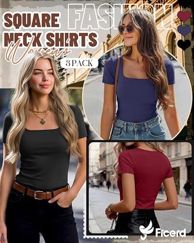 Ficerd 3 Pack Women's Square Neck Shirts, Short Sleeve Slim Fit Tops Scoop Neck Summer Casual Basic T-Shirts Tee thumbnail 3