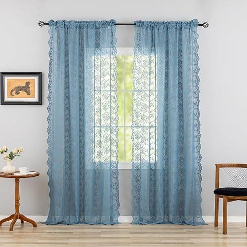 YJ YANJUN Vintage Lace Curtains 84 Inch Length-Dusty Blue Floral Sheer Curtains for Bedroom Living Room Hallway Doorways 2 Panels Set Beach Coastal Decor Rod Pocket W52 X L84 inch Stone Blue thumbnail 2