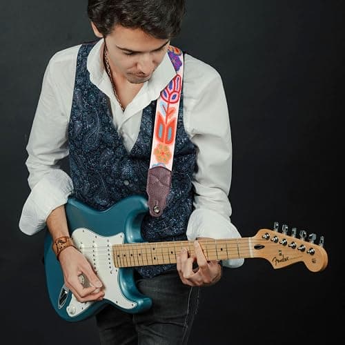 YIKOKO Guitar Strap 2", Soft Woolen Knit, Cowhide Leather End, for Acoustic and Bass Electric Guitars, Free Button, 2 Strap Locks and 4 Guitar Picks thumbnail 4