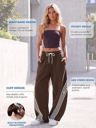 EMMIOL Women’s Y2K Baggy Barrel Striped Sweatpants High Waisted Wide Leg | Track Pants, Drawstring Waist, Adjustable Hems, and Side Pockets, Ideal for Streetwear, Workouts, School, Casual, Nights Out thumbnail 6