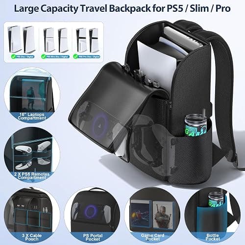 Rysker PS5/ Slim/ Pro Console Backpack, PS5 Travel Bag with Full Protection, Large Capacity PS5 Carry Bag, PS Portal, Laptop, Game Card, PlayStation 5 Backpack with 3 Cable Pockets- Black thumbnail 2