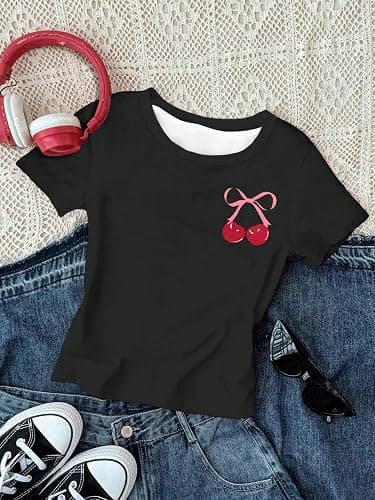 RoseSeek Girl's Shirts 3 Packs Graphic Tees Vacation Hibiscus Top Crewneck Short Sleeve Cute Tops Summer Slim Fit T Shirt thumbnail 2