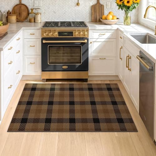 Easy Jute Brown Checkered 3x5 Entryway Rugs - Dark Plaid Rug Indoor Door Mats for Entrance, Front Porch, Outdoor Balcony, Kitchen Floor, Washable Non Slip Earthy Rustic Neutral Décor thumbnail 7
