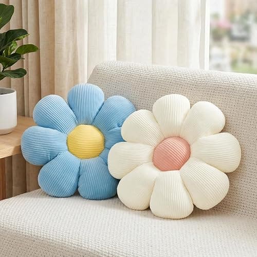 2 Pcs Blue White Flower Pillow Daisy Decorative Throw Pillows for Bed Couch | 15.35 Inch, Daisy Shaped, Fluffy and Soft, Cute Pillows for Girls Teens Women, Aesthetic Decor for Bed Sofa Bedroom Classroom - Image 1