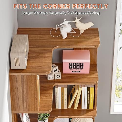 LITTLE TREE 6-Shelf Corner Bookshelf, 65” Tall L Shaped Bookcase, 6-Tier Industrial Corner Shelf Storage Display Rack for Living Room Home Office, Wood Grain Walnut thumbnail 6