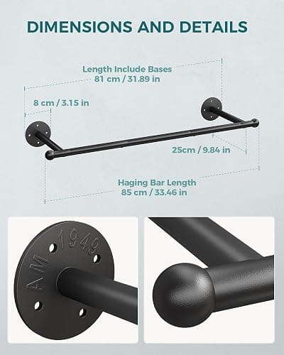 OROPY Industrial Pipe Clothing Rack, Wall Mounted Clothes Rack, Closet Rods For Hanging Clothes, 33" Multi-purpose Hanging Rod for Laundry Room, Bedroom and Closet Storage thumbnail 4