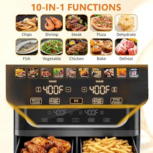 Simple Deluxe 9.5-Qt Dual Basket Air Fryer, 10-in-1 Digital Preset 1700W Airfryer, Sync Cook, Independent Temp Control, Shake Reminder, Nonstick Basket, Black thumbnail 4