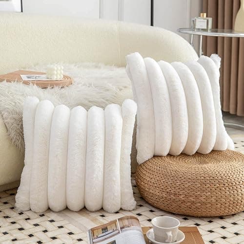 Neelvin Cream White Faux Fur Cozy Soft Striped Decorative Throw Pillow Covers 18x18 inch Set of 2,Velvet Pillowcase Cushion Case for Sofa Couch thumbnail 2