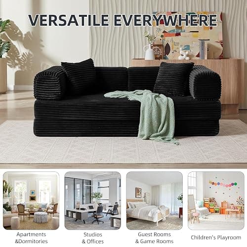 81 Inch Convertible Folding Sofa Bed,Fold Out Floor Sofa Couch with Fixed-Shape Frame,Corduroy Foldable Mattress Cloud Couch for Living Room Bedroom (Black) thumbnail 7