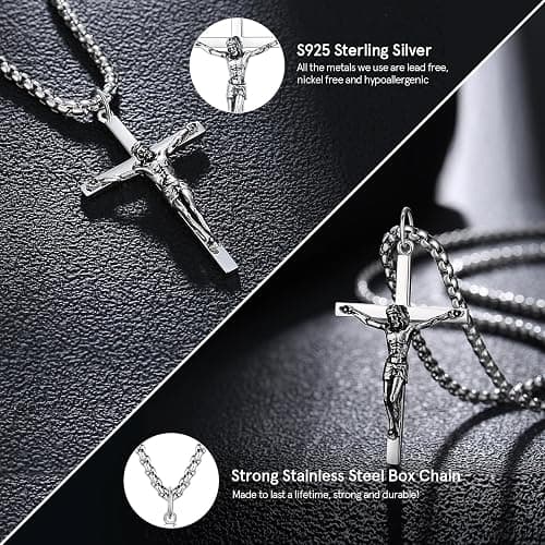 FANCIME Crucifix Cross Necklace Polished Crucifix Necklace Sterling Silver Fine Jewelry Gifts for Him Men, Strong Stainless Steel Box Chain Length 24 Inch thumbnail 3