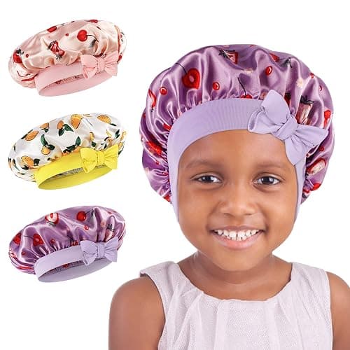 WEIPAO Kids Satin Bonnet - 3 Packs Baby Bonnet for Curly Hair Silk Sleep Cap with Adjustable Elasticated Soft Band for Child Toddler Baby - Purple+Light Pink+Yellow - Image 1