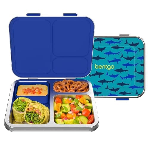 Bentgo Kids Stainless Steel Prints Leak-Resistant Lunch Box - 3-Compartments with Bonus Silicone Container, Durable, Eco-Friendly, Dishwasher Safe, BPA-Free, Ideal for School, Ages 3+ (Shark) - Image 1