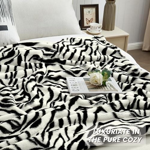 JONIYEAR Soft Fluffy Zebra Print Faux Rabbit Fur Throw Blanket 50" x 60", Luxury Cozy Shaggy Fuzzy Blankets, Reversible Cute Warm Animal Printed Blanket for Women Winter,Washable,Cream White and Black thumbnail 2