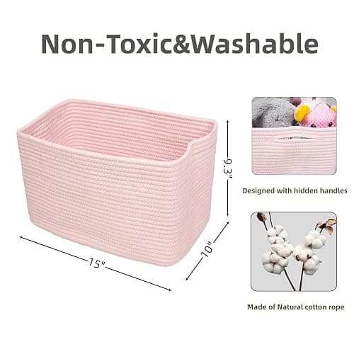Cotton Rope storage Basket Bins Woven Basket for Organizing Shelves 15X10X9.3" Rectangle Decorative Baskets For storage Clothes Toys Books Towels Nursery basket organizer 3 pack light pink thumbnail 3