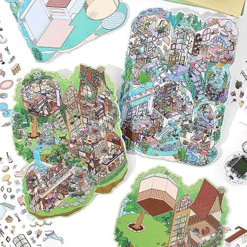 3D House Scene Stickers 10 Sets Large Size Room Sticker Book for Adults Funny Cute Miniature Scene Stickers Gifts for Family Friend thumbnail 3