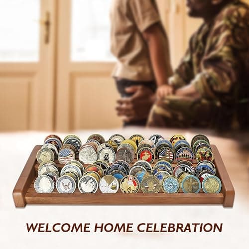 ASmileIndeep 8 Rows Solid Wood Challenge Coin Display Stand - Military Holder for Up to 60-70 Coins - Ideal Rack for Army Navy Marine Corps Law Enforcement Collectors, Walnut Finish thumbnail 7