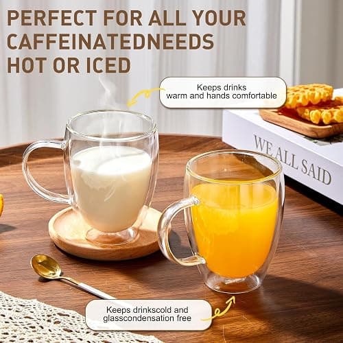 12 Oz Double Walled Glass Coffee Mugs with Handle, Insulated Layer Coffee Cups, Clear Borosilicate Glass Mugs - Gift for Cappuccino,Tea,Latte,Espresso,Hot Beverage,Cold Drinks, Set of 2 thumbnail 4