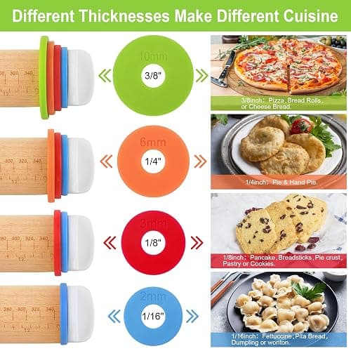 Wood Rolling Pin with Thickness Rings, Adjustable Wooden Rolling Pins for Baking, Dough Roller Pins for Cookie Pastry Tools Cake Baker, Fondant Roller for Decorating Bakery Supplies Kitchen Gadgets thumbnail 3