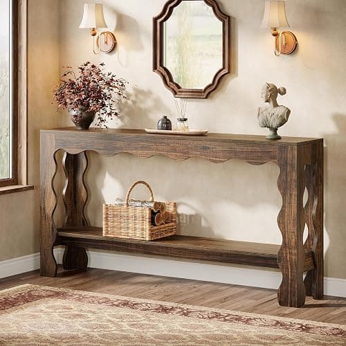 Tribesigns 63 Inch Entryway Table, Modern Rustic Entry Table with Scalloped Edge & Storage Shelf, Accent Narrow Long Sofa Table Behind Couch Console Tables for Entryway, Living Room, Dark Brown - Image 1