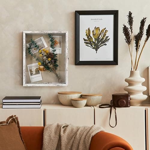 Shadow Box 13x16 Wood Shadow Box Frame Glass Door Display Case with Linen Back and 6 Stick Pins,1.5 inches Interior Depth,Ideal for Memorabilia Pictures Flowers Medals Tickets Rustic White thumbnail 6
