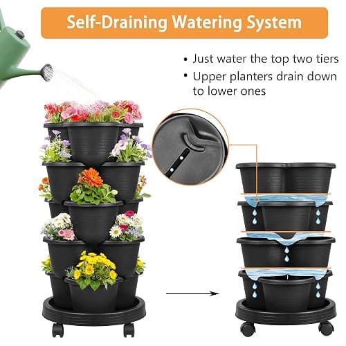 VECELO 5 Tier Vertical Garden Planter, Self Watering Stackable Planters with Wheels for Strawberries, Herbs, Flowers, Vegetables, Black thumbnail 3