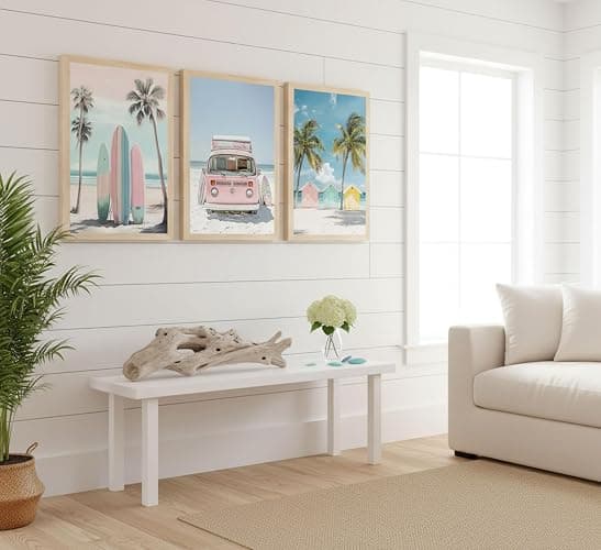 3Pcs Pink Beach Wall Art Tropical Teen Girl Coastal Canvas Poster Print Surfboard Palm Picture Wall Decor for Beach Room Bathroom Living Room Bedroom 12x16in Unframed thumbnail 6
