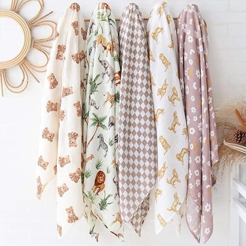 LifeTree Muslin Swaddle Blankets Neutral, Baby Swaddling Wrap Nursery Blanket for Boys & Girls Unisex, Soft 70% Viscose from Bamboo and 30% Cotton, Large 47 x 47 inches, Bear & Checkered Coffee thumbnail 8