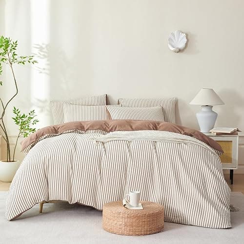 BUPIRD Mocha Brown Comforter Set King Striped Soft Washed Microfiber Jacquard 3 Pieces Striped Bedding Sets Mocha Brown White Comforter for All Seasons and 2 Pillowcases Comfort Breathable thumbnail 3