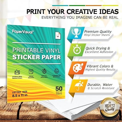 Premium Printable Vinyl Sticker Paper for Inkjet and Laser Printer - 50 White Matte Sticker Paper Waterproof - Excellent Adhesion Paper 8.5 x 11, Fast Dry, Holds Ink Well, Great for Cutting Machines thumbnail 4