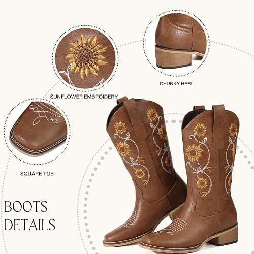 Bybmorto Cowboy Boots for Women - Mid Calf Western Sunflower Cowgirl Boots with Floral Embroidery, Square Toe Stitched Pull On Retro Design, Perfect for Country Idyll, Concerts and More thumbnail 3