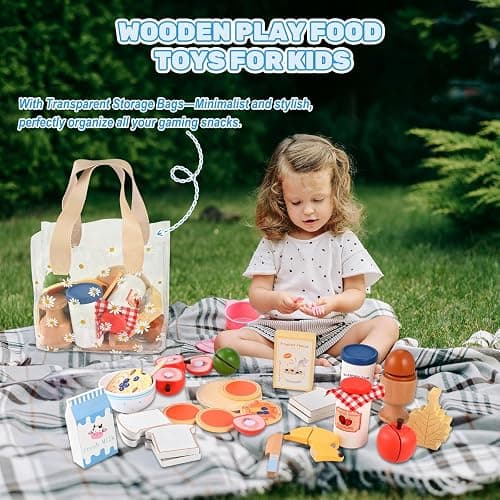 Wooderma Wooden Food for Play Kitchen 27 PCS Wooden Toddler Toys | Breakfast Pretend Play Set, Travel Toy Food Set for Kids' Kitchen Accessories Birthday Christmas Gifts for 3+ Year Olds thumbnail 8