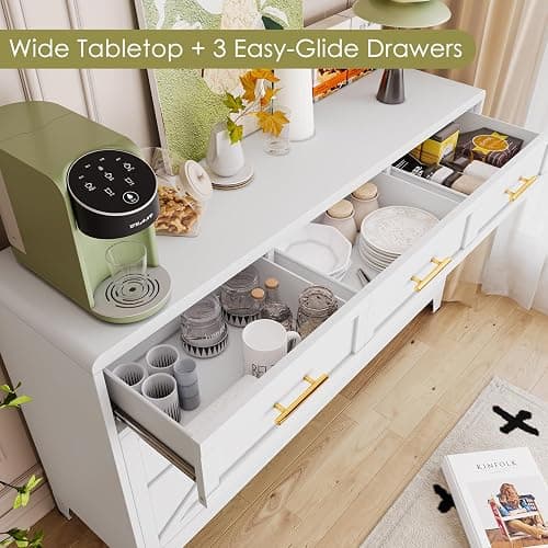 Sideboard Buffet Cabinet with Drawers, White 47.2" Large Sideboard Cabinet with Doors & Adjustable Shelves, Modern Farmhouse Coffee Bar Console Table, Coffee Bar for Kitchen, Dining Room thumbnail 5