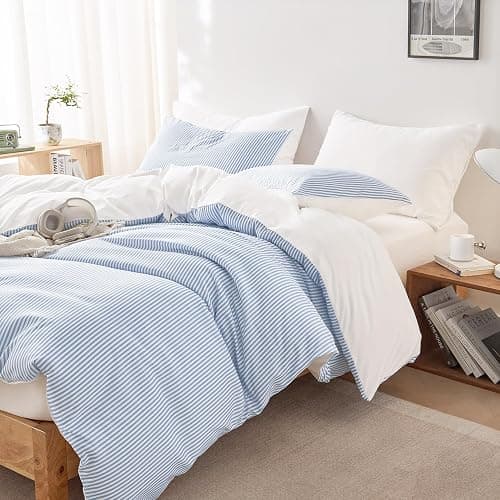 Wake In Cloud - Striped Comforter Set, Ticking Stripe Vertical Pinstripe Neutral Farmhouse Pattern Printed, Soft Lightweight Bedding, 3 Pieces, Blue White, Queen Size thumbnail 3