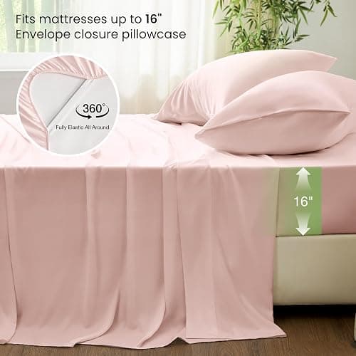 Love's cabin 4 Piece Queen Sheet Set, 100% Rayon Derived from Bamboo, Cooling & Breathable, Soft Silky Deep Pocket up to 16", Hotel Luxury Bedding for Hot Sleepers, Pink thumbnail 4