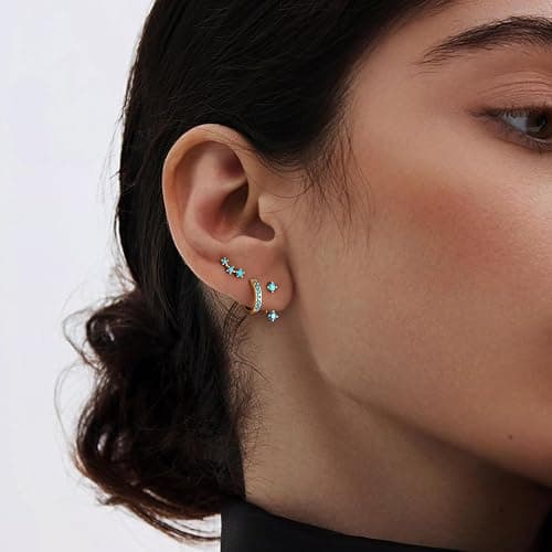 Gold Stud Earrings Set for Women, 3 Pairs Huggie Hoop Jacket Studs Earring Stacks, Hypoallergenic 925 Sterling Silver Post Dainty Birthstone Trendy Women Fashion Accessories Jewelry Gifts thumbnail 4