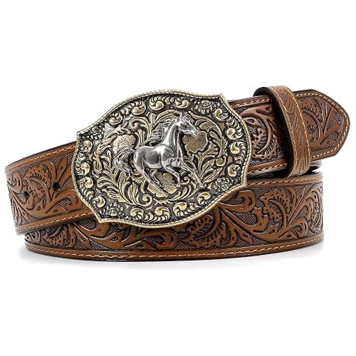 SANSTHS Cowboy Belts for Men Women Western Buckle Belt Cowboy Cowgirl Embossed Leather Belt for Jeans Christmas Gifts Belt - Image 1