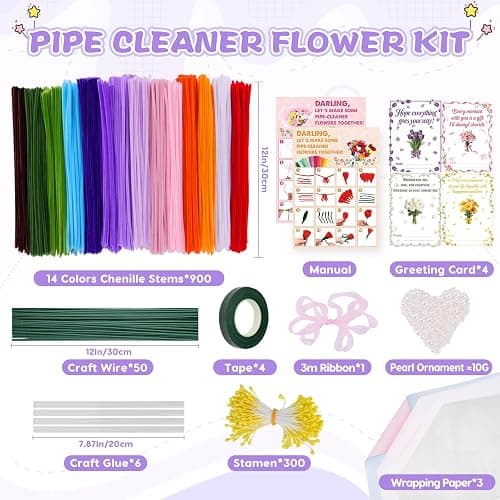 900 PCS Pipe Cleaners Craft, Pipe Cleaner Bulk Flower Kit 14 Colors Chenille Stems Flower Making Kit with Greeting Card, Floral Wires, Tape, Stamen, Floral Wrapping Paper & Ribbon for Art DIY Flowers thumbnail 2