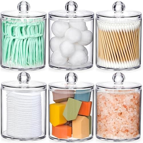 AOZITA 6 Pack Acrylic Qtip Holder Dispenser for Cotton,Swab, Ball, Round Pads, Floss Picks - Clear Plastic Apothecary Jar Set, Bathroom Canister Storage Organization, Vanity Makeup Organizer thumbnail 9