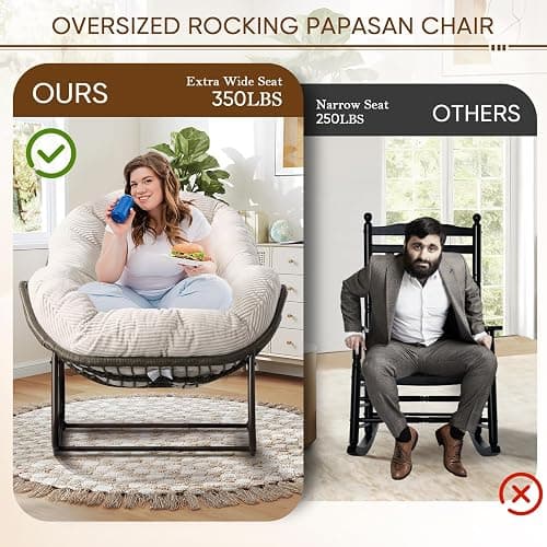 Large Indoor Rocking Chair, Oversized Rocking Papasan Chair with Thick Cushion and Frame,Comfy Corduroy Rocker Wicker Egg Chairs Lounge Reading Chair for Living Room, Bedroom, Apartment, White thumbnail 7
