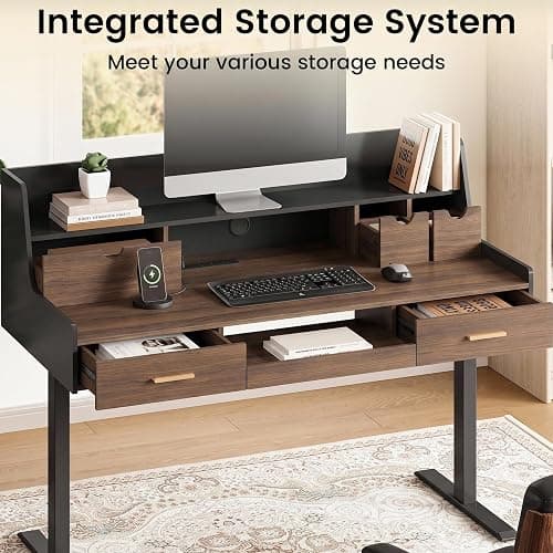 ModernMate 55" Electric Standing Desk with 5 Drawers and Monitor Riser | Height Adjustable Desk with Storage, Ergonomic Sit Stand Desk with AC/USB Outlets, Home Office Stand Up Desk, Black Walnut thumbnail 7