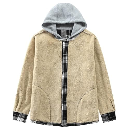 Derbars Men's Cotton Plaid Shirts Jacket Fleece Lined Flannel Shirts Sherpa Button Down Jackets with Hood for Men thumbnail 3