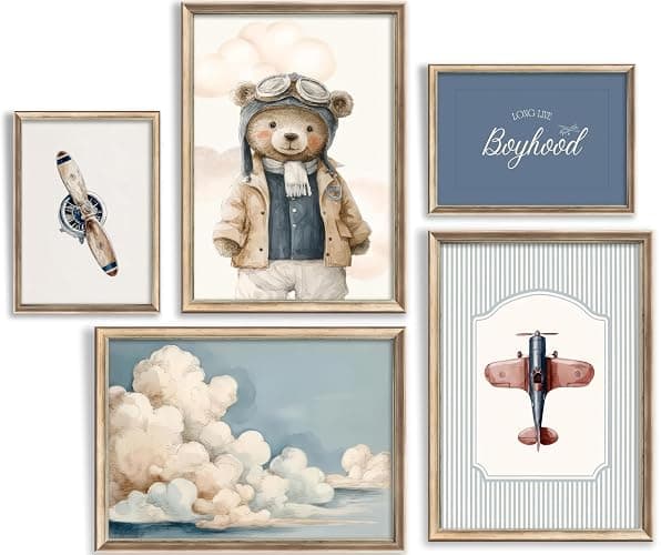 Vintage Baby Boy Nursery Wall Art Retro Airplane Travel Kids Room Canvas Wall Decor Teddy Bear Pictures Navy Blue Aviation Posters Cloudy Sky Painting Print Artwork for Boy Room Playroom, Unframed - Image 1