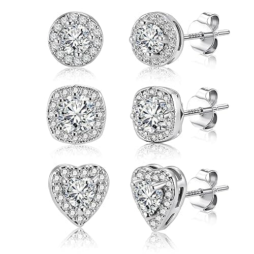 ALEXCRAFT Sterling Silver Stud Earrings for Women Girls Cubic Zirconia Halo Round Heart Square Diamond Large Silver Stud Set - 3 Pairs Halo Silver Stud Earrings thumbnail 8