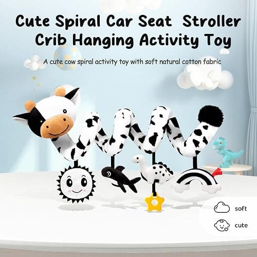 Spiral Car Seat Baby Toys 0-6 Months, Infant Carseat High Contrast Sensory Toys Hanging Stroller Accessories, Newborn Shower Gifts for Baby Boys Essentials Stuff, Cute Black and White Cow thumbnail 2