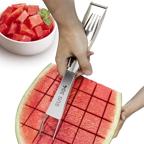 CripsTaste Watermelon Cutter with Retractable Fork, 2-in-1 Stainless Steel Fruit Cutter Watermelon Cutter Slicer Tool, Melon Slicer Cutter Tool for Home Party Camping Kitchen Gadget - Image 1